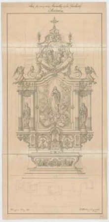 Müller, Josef Anton; Ettenbeuren; Pfarrkirche - Hochaltar (Grundriss m. Schnitt, Ansicht)