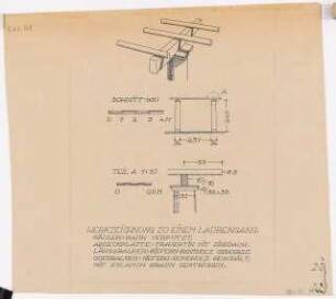 Druckvorlagen / Garten Allinger, Berlin-Dahlem: Werkzeichnung zu einem Laubengang: Perspektivische Ansicht, Schnitte 1:50, 1:10