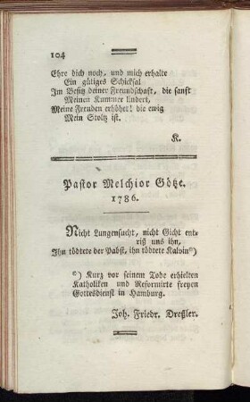 Pastor Melchior Götze. 1786.