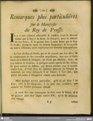 Remarques plus particuliéres sur le Manifeste du Roy de Prusse