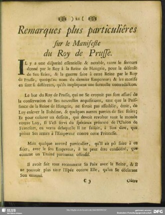Remarques plus particuliéres sur le Manifeste du Roy de Prusse