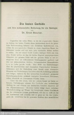 Die festen Carbide und ihre mutmassliche Bedeutung für die Geologie