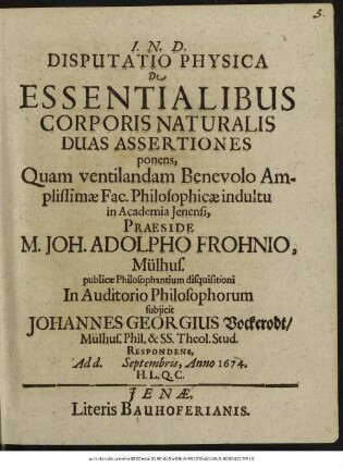 Disputatio Physica De Essentialibus Corporis Naturalis Duas Assertiones ponens