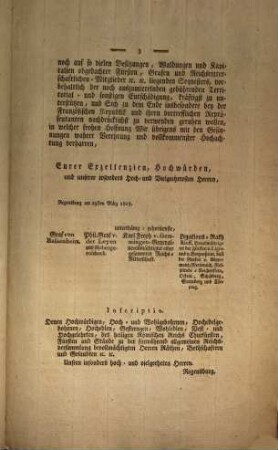 Hochwürdig, Hoch- und Wohlgebohrne, Hochedelgebohrne, Hochedle ... Herren! Zu den großen Verdiensten, welche sich die hochansehnliche ausserordentliche Reichsdeputation ... erworben hat, gehöret ... die ... Rücksicht, welche sie der allgemeinen Aufhebung des Sequesters auf dem linken Rheinufer schenkte ... : [Regensburg am 29sten März 1803]