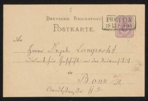 Postkarte an Dr.ph[il] [Karl] Lamprecht in Bonn a[m]/R[hein], Arndtstraße 11 a