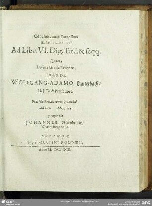 Conclusionum Forensium Exercitatio XVI. Ad Libr. VI. Digest. Tit. I. & seqq.