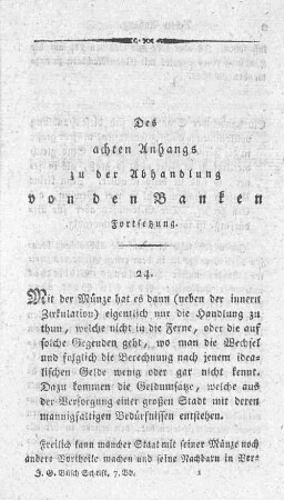 Des achten Anhangs zu der Abhandlung von den Banken. Fortsetzung.