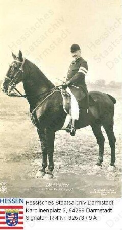 Wilhelm II. Kaiser Deutsches Reich (1859-1941) / Porträt zu Pferd auf der Parforcejagd, Ganzfigur