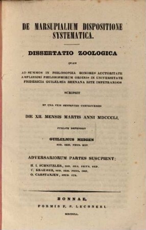 De Marsupialium dispositione systematica : dissertatio zoologica