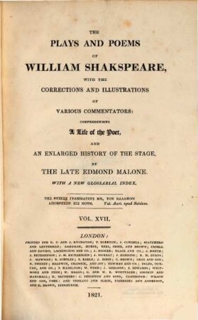 The plays and poems of William Shakspeare : With a new glossarial index, Vol. XVII.. Henry IV, part 2. Henry V.