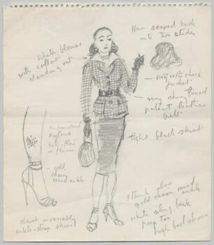 Zweiteiliges Kostüm aus karierter Jacke mit Gürtel und schmalem Rock (Archivtitel)