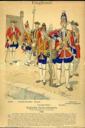 Uniformdarstellung, Offizier, Tambour, Sergeant, Pfeifer, Grenadier und Soldat der Zentrums-Kompanien der Garde-Infanterie, Königreich Großbritannien, 1745.