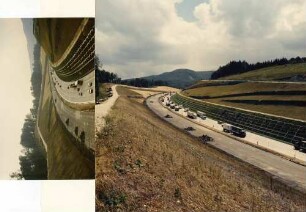 Fahrbahn Stuttgart - Ulm fertiggestellt und im Gegenverkehr in Betrieb Fahrbahn Ulm - Stuttgart bit. Tragschicht fertig, Böschungssicherung fertig.