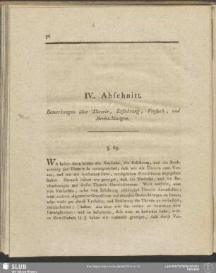 IV. Abschnitt. Bemerkungen über Theorie, Versuch, und Beobachtungen