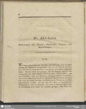 IV. Abschnitt. Bemerkungen über Theorie, Versuch, und Beobachtungen