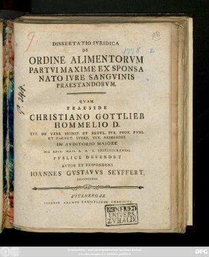 Dissertatio Ivridica De Ordine Alimentorvm Partvi Maxime Ex Sponsa Nato Ivre Sangvinis Praestandorvm