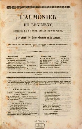 L' aumônier du régiment : comédie en un acte, mêlée de couplets