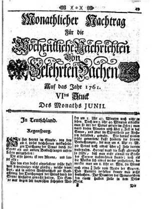 Monathlicher Nachtrag [...] VItes Stuck Des Monaths Junii