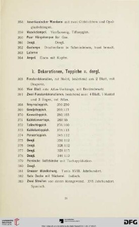k. Dekorationen, Teppiche u. dergl. (Nr. 365-388)
