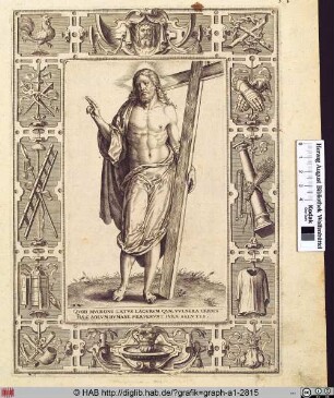 Christus, umgeben von einem Ornamentrahmen mit den Leidenswerkzeugen