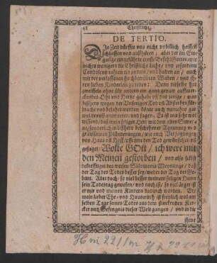 De Tertio. [III. Suavem pro relictis consolationem, einen anmutigen Trost für die leidertragende hinterlassene Witbe und ihre Kinderlein.]