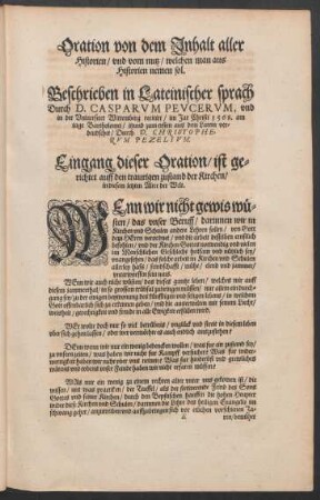 Oration von dem Inhalt aller Historien/ und vom nutz/ welchen man aus Historien nemen sol.