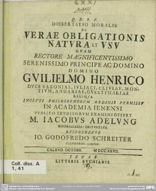 Dissertatio Moralis De Verae Obligationis Natura Et Usu