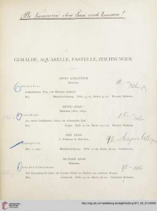 Gemälde, Aquarelle, Pastelle, Zeichnungen (Nr. 1-520)