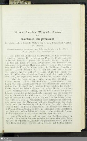 Praktische Ergebnisse der Maiblumen-Düngeversuche der gärtnerischen Versuchs-Station am Königl. Botanischen Garten zu Dresden
