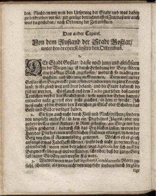 Das ander Capitel. Von dem Zustand der Stadt Goßlar, unter den dreyen Käysern den Ottonibus.