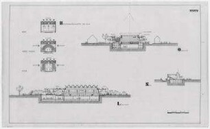 Mehrzweckhalle und Bürgerhaus Bensheim (nicht realisiert), 2. Preis – Längsschnitt, Querschnitte, Nutzungsvarianten. Bensheim/Hessen