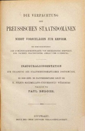 Die Verpachtung der preussischen Staatsdomänen nebst Vorschlägen zur Reform