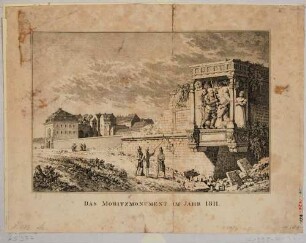 Das Moritz-Monument an der Festungsmauer der Bastion Mars in Dresden (im Hintergrund links das Pirnaische Tor), aus den Abbildungen zur Chronik Dresdens von 1835