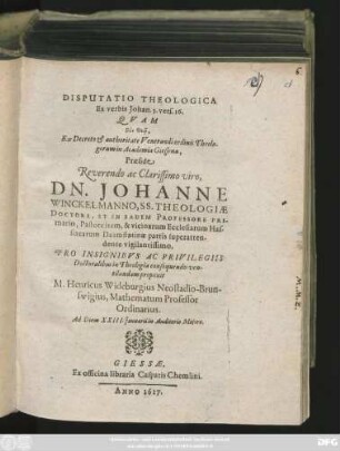 Disputatio Theologica Ex verbis Johan. 3. vers. 16