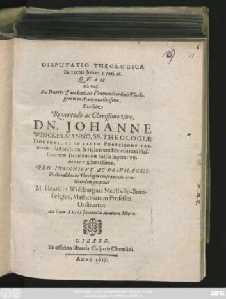 Disputatio Theologica Ex verbis Johan. 3. vers. 16
