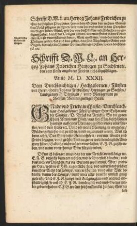 Schrifft D. M. L. an Hertzog Johans Fridrichen Hertzogen zu Sachsen ...