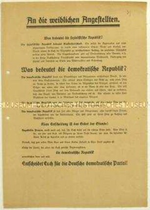 Aufruf der Deutschen Demokratischen Partei an weibliche Angestellte zur Wahl der Nationalversammlung 1919