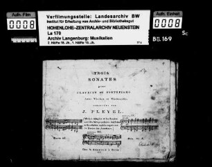 Ignaz Pleyel: Trois / Sonates / pour / Clavecin ou Fortepiano / Avec Violon et Violoncelle, Composees par / J. Pleyel / Oeuvre 41 Bonn, N. Simrock.