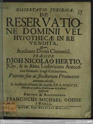 Dissertatio Iuridica De Reservatione Dominii Vel Hypothecae In Re Vendita