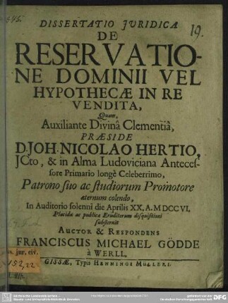 Dissertatio Iuridica De Reservatione Dominii Vel Hypothecae In Re Vendita