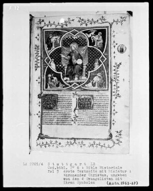 Bible Historiale — Erste Textseite mit Miniatur und zwei Zierinitialen, Folio 3recto