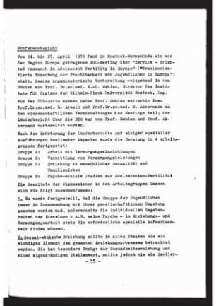 Konferenzbericht. WHO-Meeting "Service-oriented research in Adolescent Fertility in Europe - Praxisorientierte Forschung zur Fruchtbarkeit von Jugendlichen in Europa" vom 24.-27.4.1978 in Rostock- Warnemünde