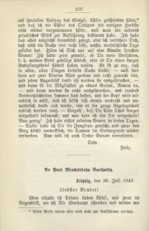 An Paul Mendelssohn Bartholdy. Leipzig, den 26. Juli 1843
