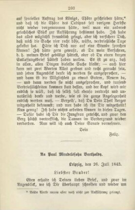 An Paul Mendelssohn Bartholdy. Leipzig, den 26. Juli 1843