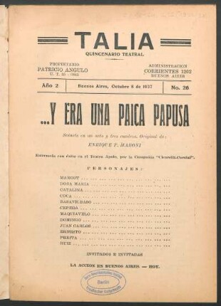 1937002600: ... Y era una paica papusa : sainete en un acto y tres cuadros