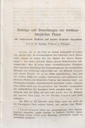 Beiträge und Bemerkungen zur württembergischen Fauna mit theilweisen Hinblick auf anderen deutsche Gegenden