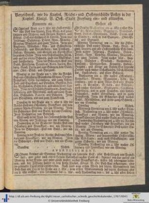 Verzeichnuß, wie die Kayerl. Reichs- und Oesterreichische Posten in der Kayserl. König. V. Oest. Stadt Freyburg ein- und ablauffen.
