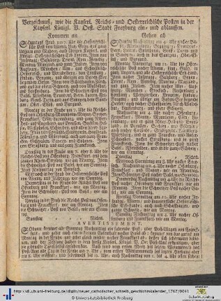 Verzeichnuß, wie die Kayerl. Reichs- und Oesterreichische Posten in der Kayserl. König. V. Oest. Stadt Freyburg ein- und ablauffen.