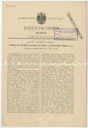 Patentschrift eines Verfahrens zum Einschleifen des Kolbens im Zylinder bei Kraftmaschinenusw., Pumpen , Patent-Nr. 20633