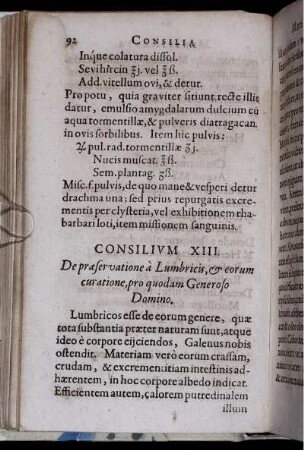 Consilium XIII. De praeservatione a Lumbricis & eorum curatione, pro quodam Generoso Domino